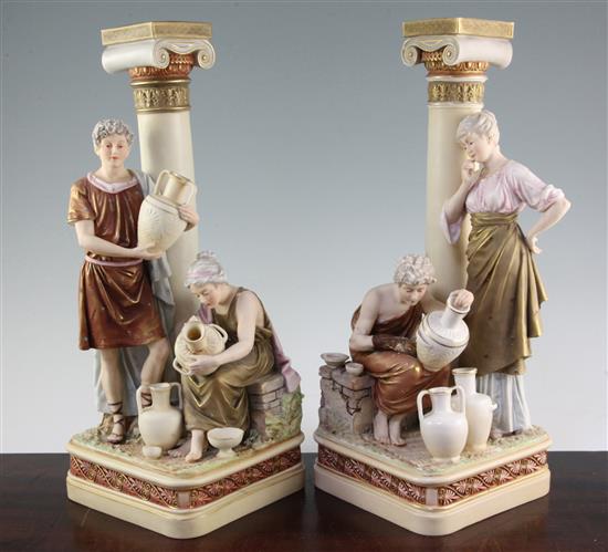 A pair of Royal Dux figure groups, late 19th century, 39cm, restorations